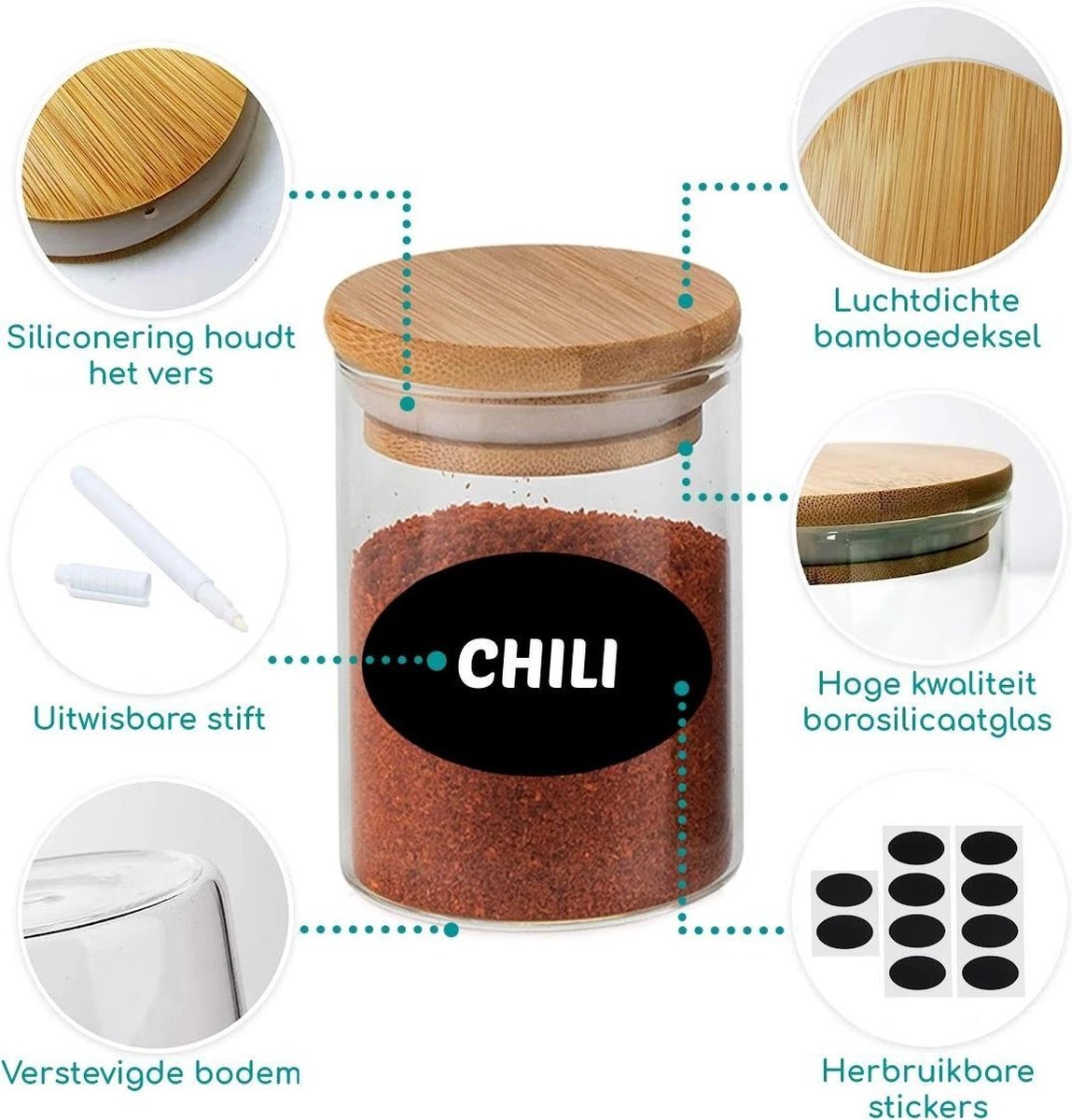 Quality Needz - Voorraadbussen - 250 ML - Glazen Potjes Met Deksel - Kruidenpotjes - 10 Delige Set - BPA-vrij - Gratis Pen & Herschrijfbare Stickers 2 Quality Needz - Voorraadbussen - 250 ML - Glazen Potjes Met Deksel - Kruidenpotjes - 10 Delige Set - BPA-vrij - Gratis Pen & Herschrijfbare Stickers - Afbeelding 2