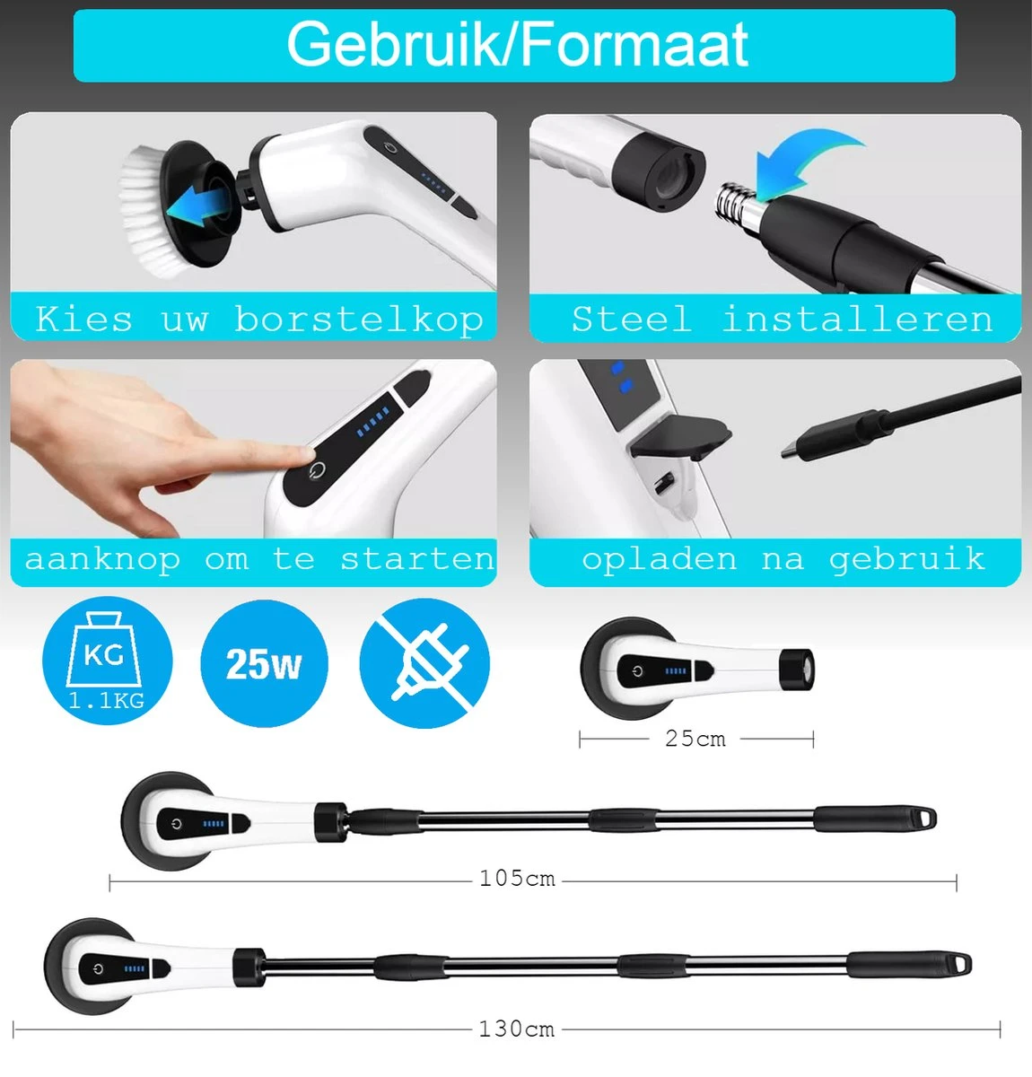 Merkloos Scrubclean Elektrische Schoonmaakborstel-7 In 1 Schrobber Met Steel-2 Standen Poetsmachine-max 130cm-badkamer/keuken/auto +gratis Houder 6 Merkloos Scrubclean Elektrische Schoonmaakborstel-7 In 1 Schrobber Met Steel-2 Standen Poetsmachine-max 130cm-badkamer/keuken/auto +gratis Houder - Afbeelding 6