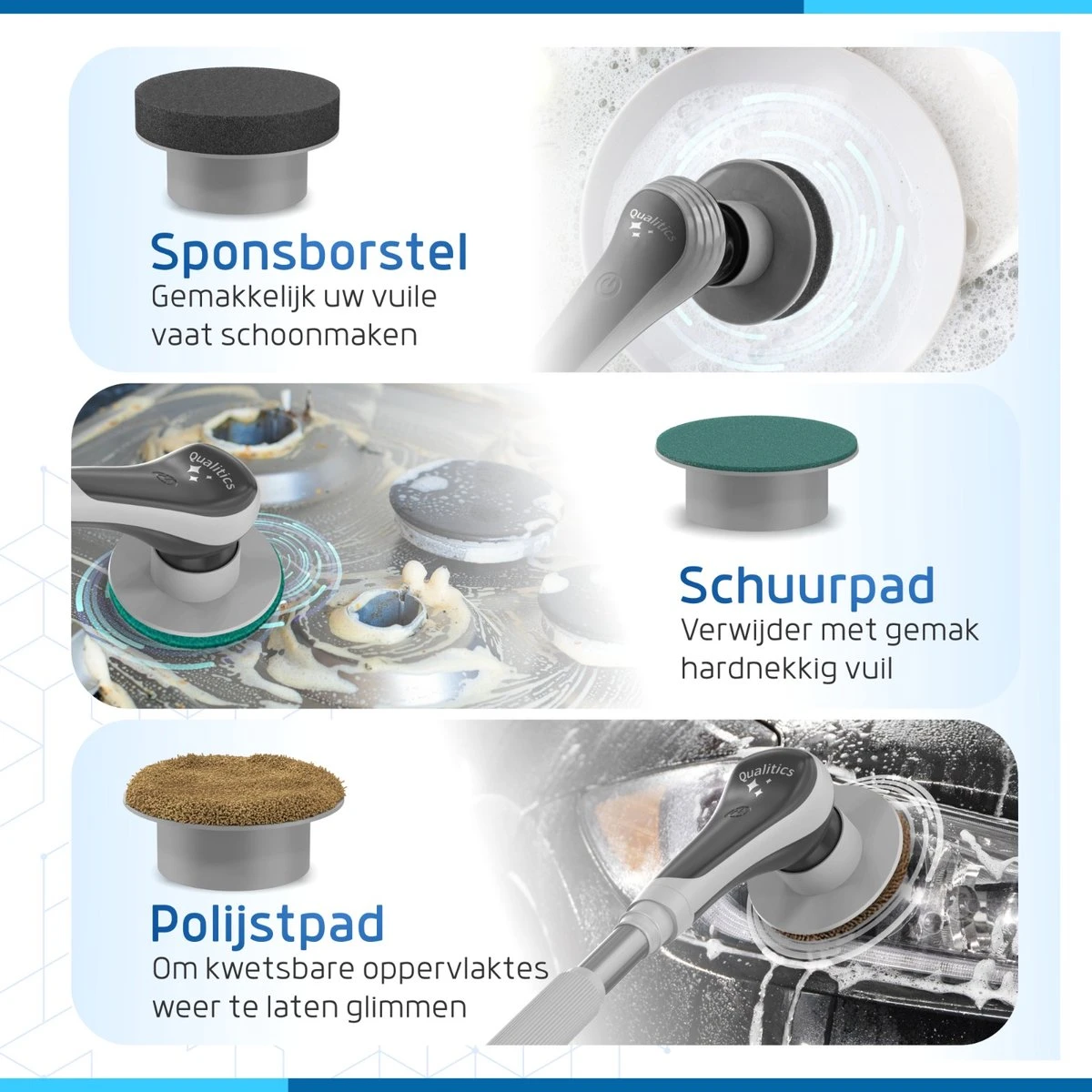 Qualitics Elektrische Schoonmaakborstel - Roterende Polijstmachine - Schrobborstel - Poetsmachine - Vloerreiniger Met 10 Opzetstukken 4 Qualitics Elektrische Schoonmaakborstel - Roterende Polijstmachine - Schrobborstel - Poetsmachine - Vloerreiniger Met 10 Opzetstukken - Afbeelding 4
