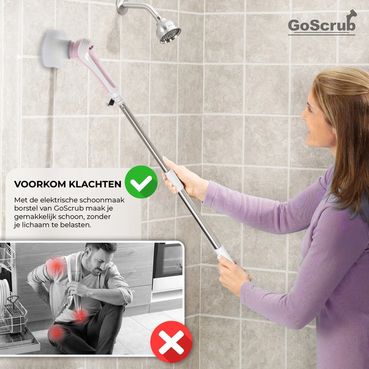 GoScrub® Elektrische Schoonmaakborstel – Elektrische Schrobber - Schrobborstel – Voor Badkamer Of Keuken – Schrobber Met Steel – Luiwagen – Polijstmachine - Roze 9 GoScrub® Elektrische Schoonmaakborstel – Elektrische Schrobber - Schrobborstel – Voor Badkamer Of Keuken – Schrobber Met Steel – Luiwagen – Polijstmachine - Roze - Afbeelding 9