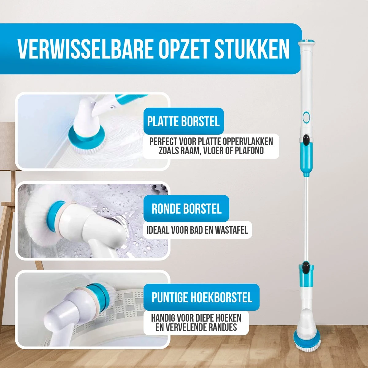 Strex Elektrische Schoonmaakborstel - Draadloze Schrobborstel - Schrobber - 3 Opzetstukken - Telescoopsteel - Poetsmachine Met Krachtige Accu 3 Strex Elektrische Schoonmaakborstel - Draadloze Schrobborstel - Schrobber - 3 Opzetstukken - Telescoopsteel - Poetsmachine Met Krachtige Accu - Afbeelding 3