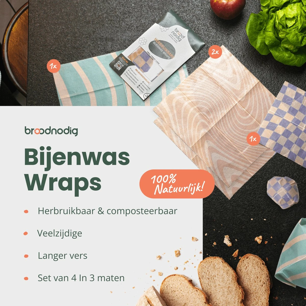 BROODNODIG® - Bijenwas Wraps (Bijenwas Doek) - Set Van 4 - 1S, 2M, 1L - Foodwrap - Beeswax Wraps - Bee Wrap - Beewax - Bijenwasdoek - Zero Waste - Duurzaam Cadeau - Herbruikbaar Boterhamzakje 6 BROODNODIG® - Bijenwas Wraps (Bijenwas Doek) - Set Van 4 - 1S, 2M, 1L - Foodwrap - Beeswax Wraps - Bee Wrap - Beewax - Bijenwasdoek - Zero Waste - Duurzaam Cadeau - Herbruikbaar Boterhamzakje - Afbeelding 6