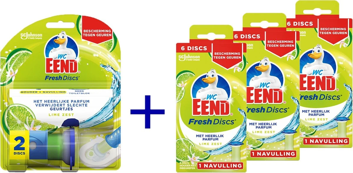 WC Eend Houder Fresh Discs Lime Zest + 3 X 6 Discs Navulling 1 WC Eend Houder Fresh Discs Lime Zest + 3 X 6 Discs Navulling