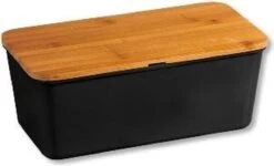 Melamine Broodtrommel Met Bamboe Snijplank | Brood Bewaar Doos Met Hoge Kwaliteit Bamboe Snij Plank | Met Bamboe Deksel, Te Gebruiken Als Brood Snijplank | Afm. 34 X 18 X 14 Cm. | Kleur Brood Trommel: ZWART
